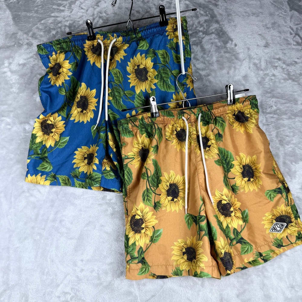 Pacsun Men's Sunflower Swim Trunks‎ Shorts Size M Blue Gold Beach Pool